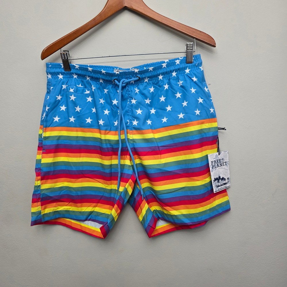Free Planet Swim Trunks Rainbow‎ Stars Drawstring Beach Shorts Medium New